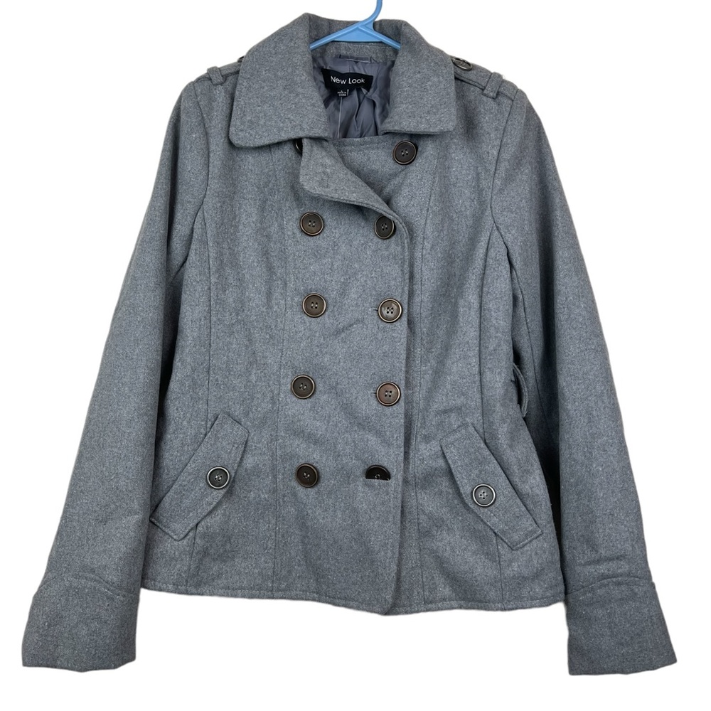 NWT New Look Girls Wool Blend Pea Coat Size L Gray Buttons Pockets